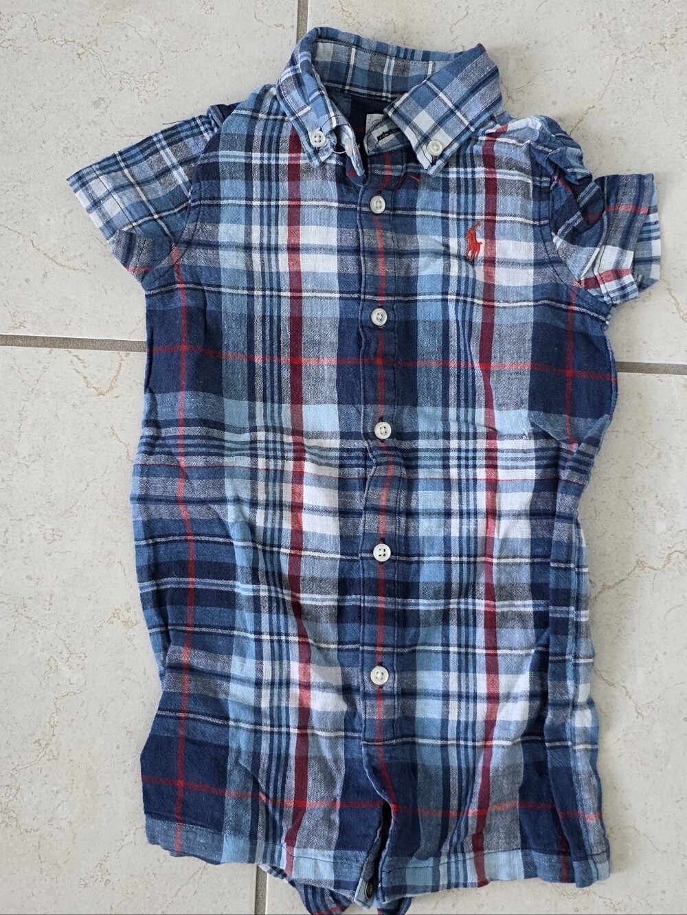 Ralph Lauren Blue Red Plaid Short Sleeve Button Romper